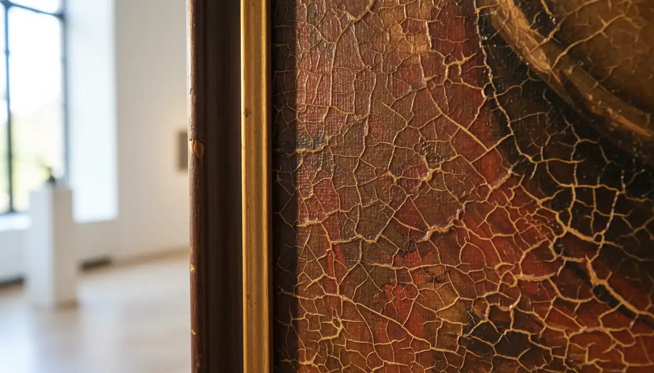 Close-up of an antique oil painting showing detailed paint cracks and textured brushstrokes on canvas.