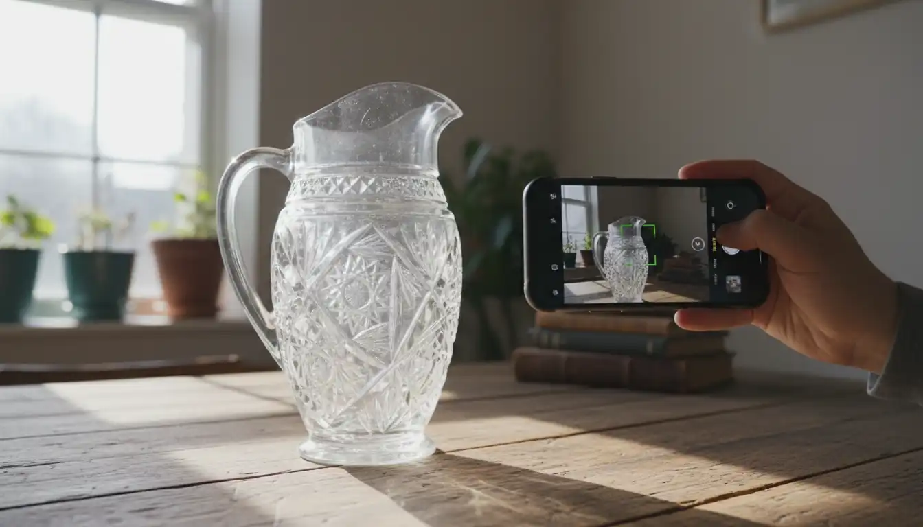 A person using a smartphone to photograph an ornate antique glass pitcher on a wooden table in natural light.