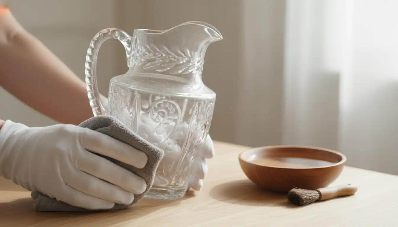 A person in white gloves carefully cleaning an antique glass pitcher on a wooden table.
