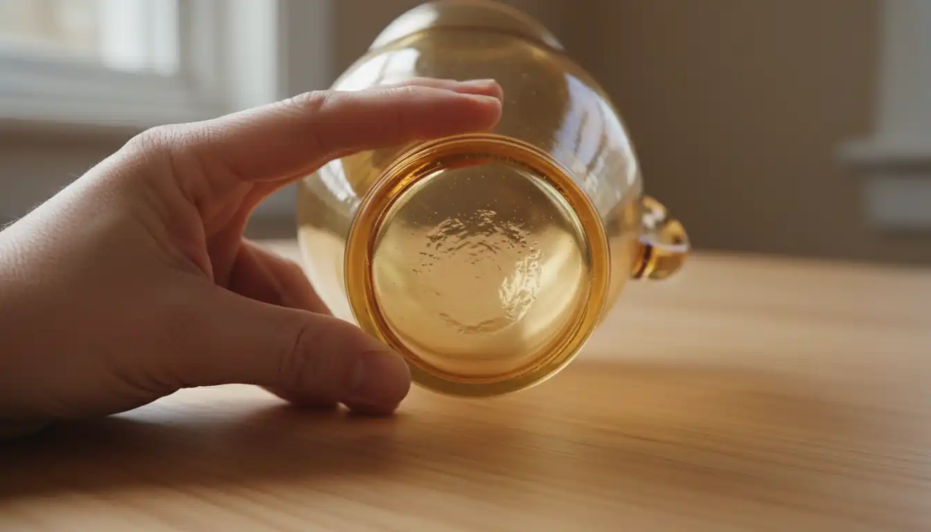 Hand using a jeweler's loupe to inspect a pontil mark on the base of an amber glass pitcher.