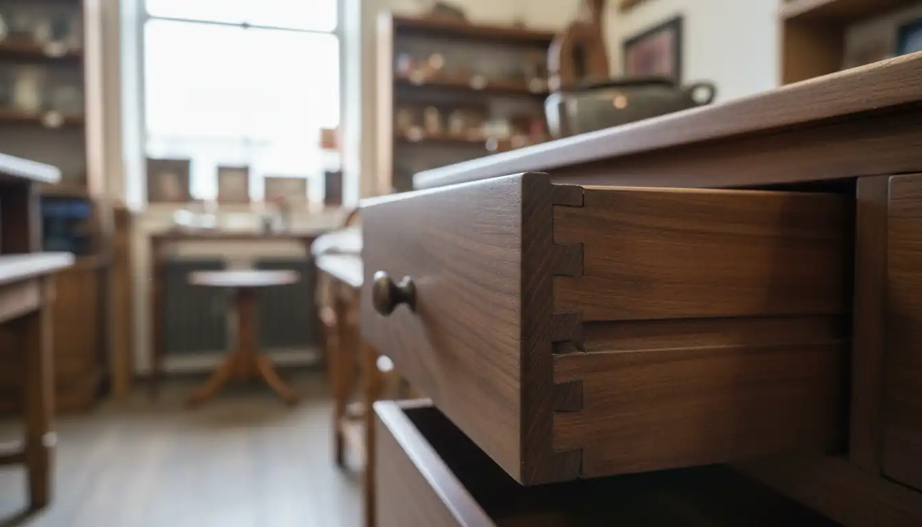 Close-up of hand-cut dovetail joints on a solid wood drawer in a sunlit antique shop.