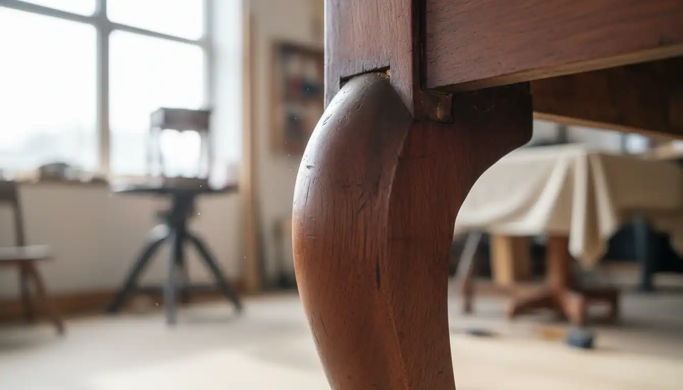 Close-up of a hand-carved antique table leg showing chisel marks and traditional mortise and tenon joinery.