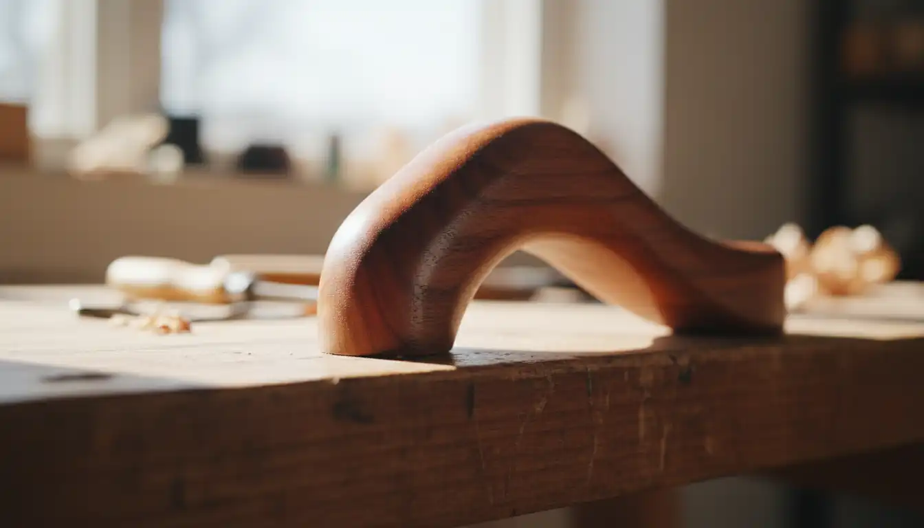 Close-up of hand-carved wooden furniture showing unique chisel marks and natural texture in a sunlit room.