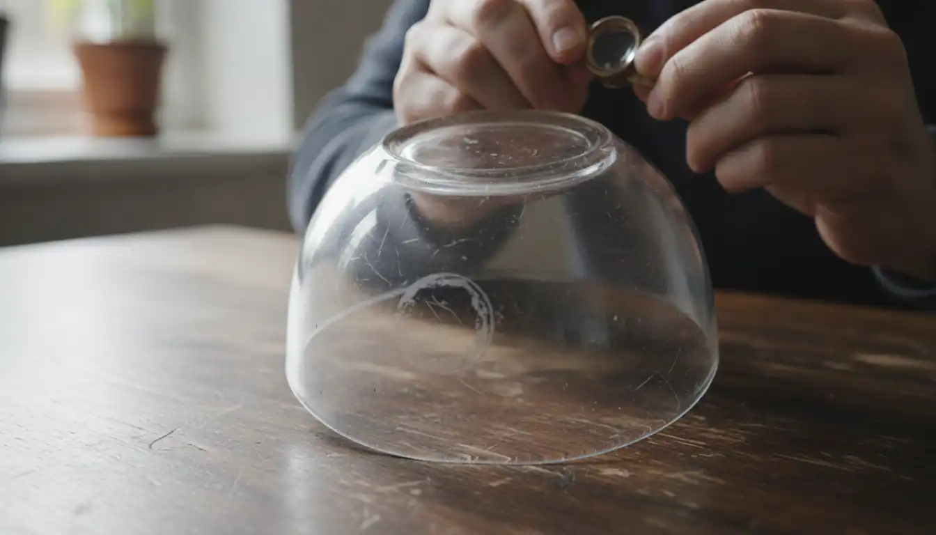 Close-up of hands using a jeweler's loupe to inspect a faint mark on the bottom of a glass bowl.