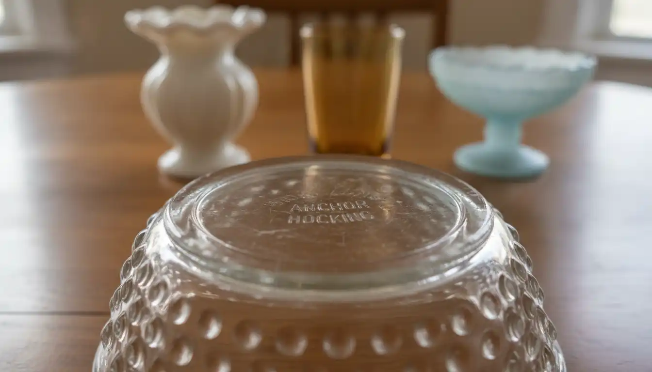 Close-up of an embossed logo on the bottom of a vintage glass bowl on a wooden table.