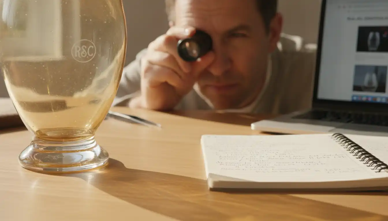 A person using a jeweler's loupe to inspect a mark on a vintage amber glass vase.