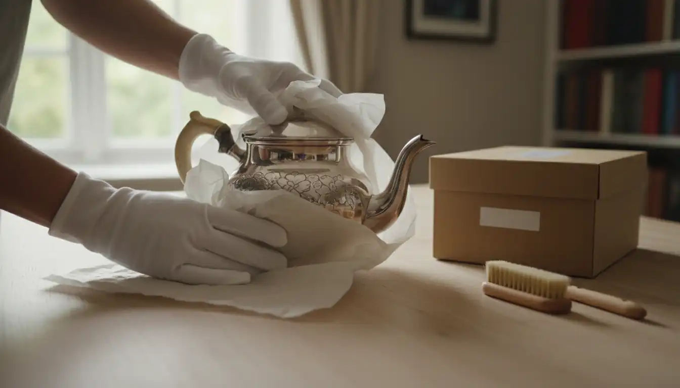 A person in white gloves wrapping a Victorian silver teapot in archival paper on a wooden table.
