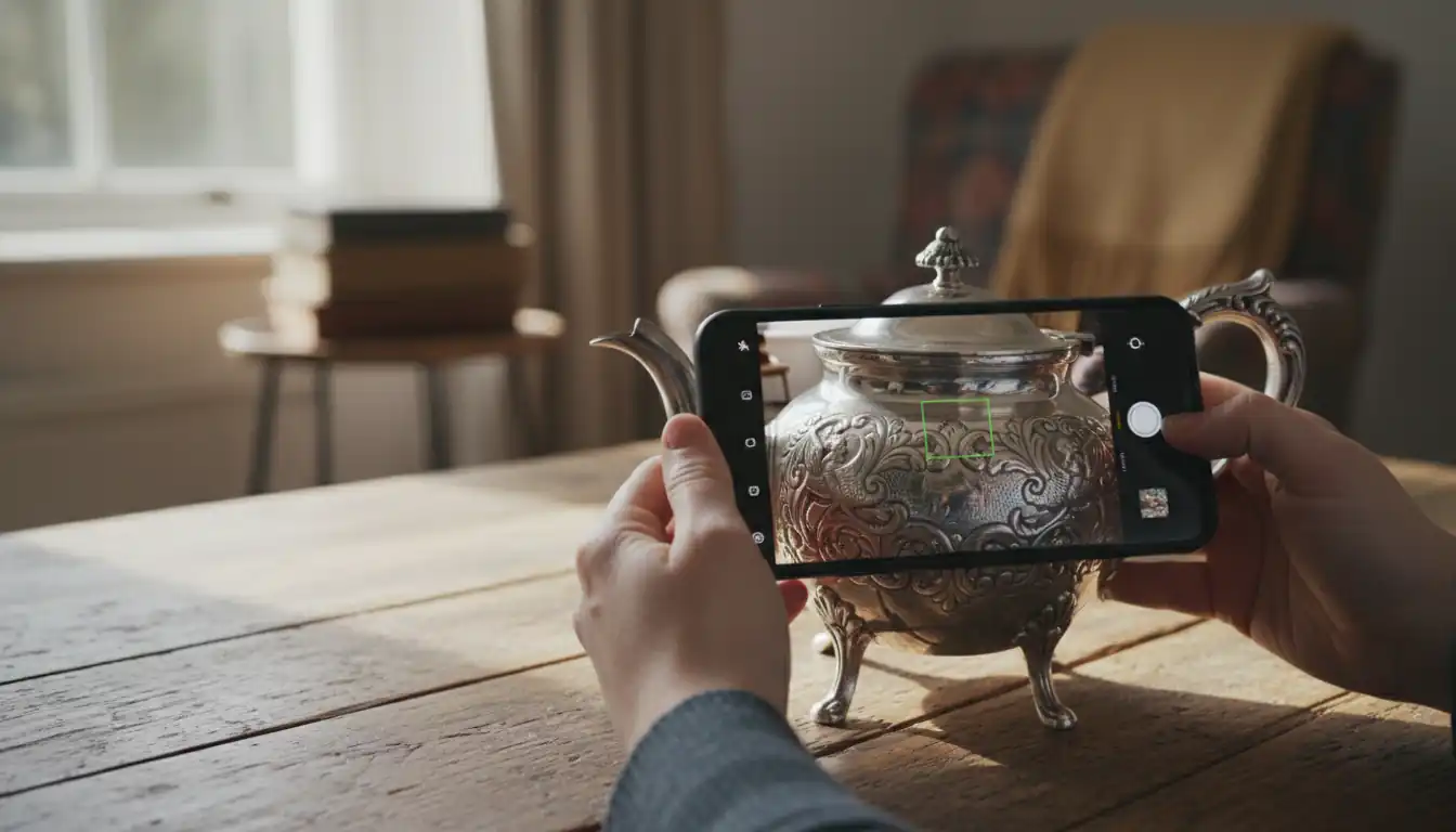 A person using a smartphone to photograph an ornate Victorian silver teapot on a wooden table.