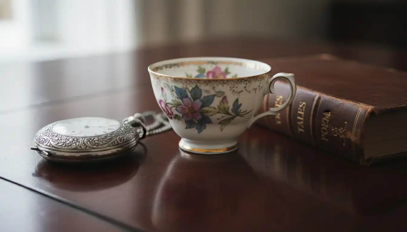 A collection of Victorian antiques including a porcelain teacup, silver pocket watch, and leather book on a desk.