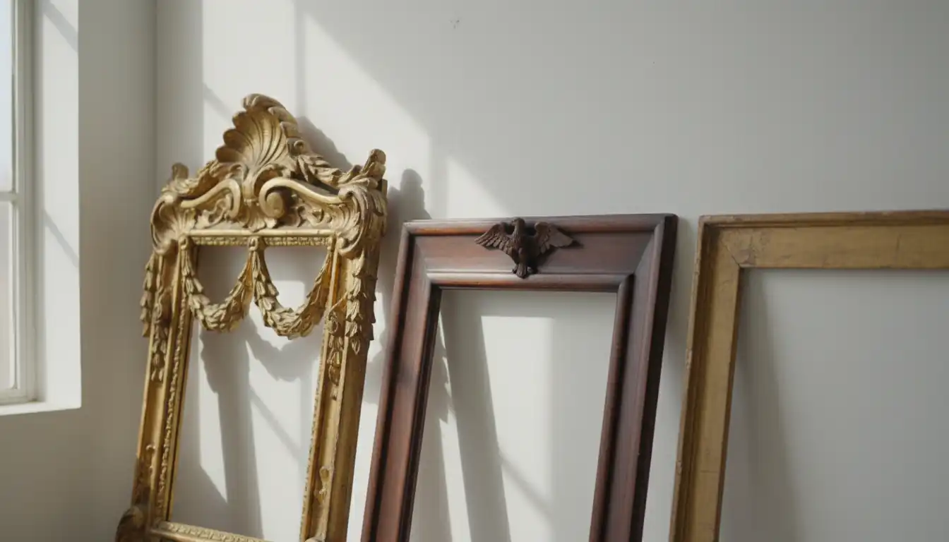 Three antique mirror frames in different regional styles leaning against a wall in a bright studio.