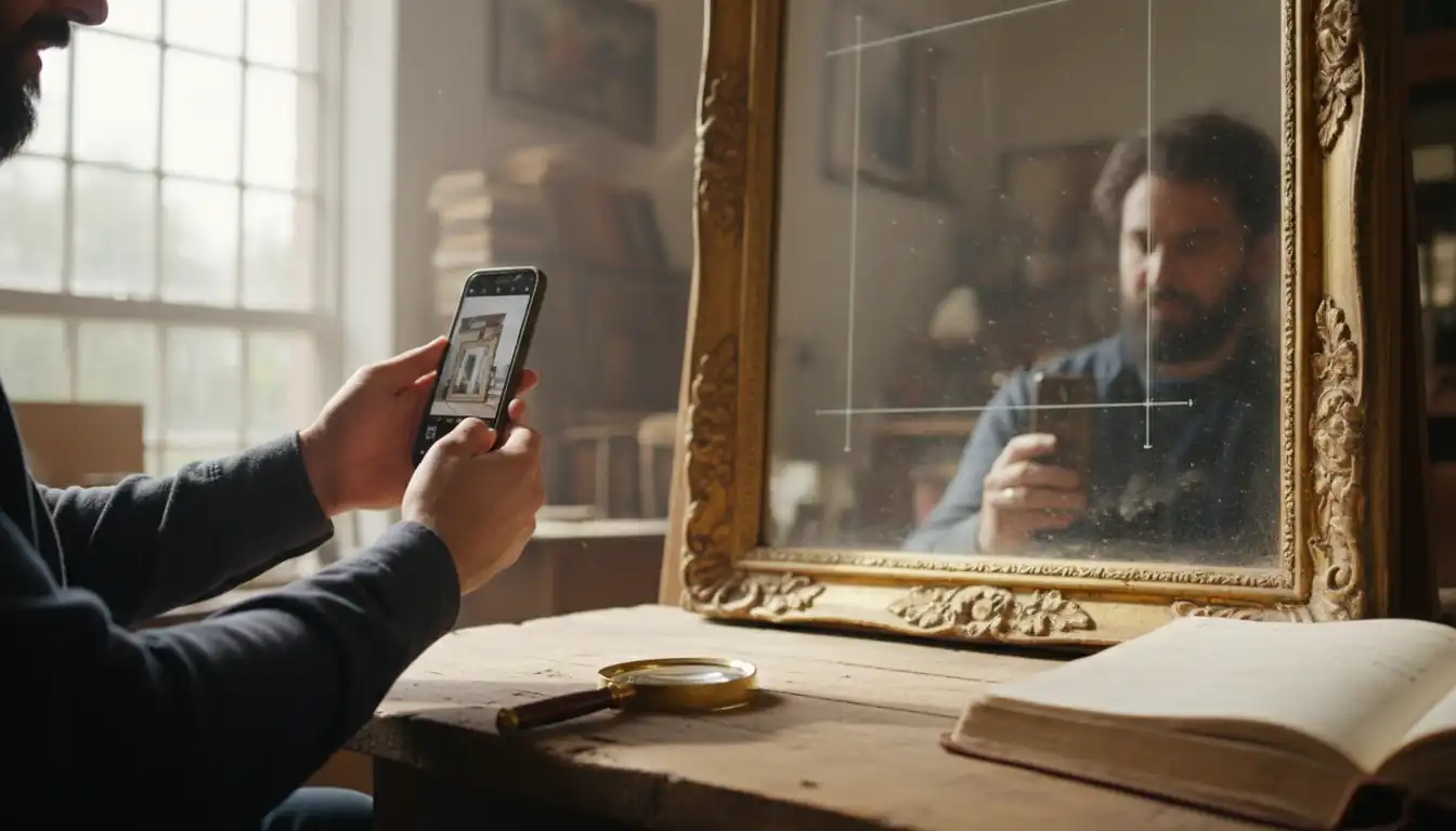 A person using a smartphone to identify an antique mirror with a magnifying glass on a table nearby.