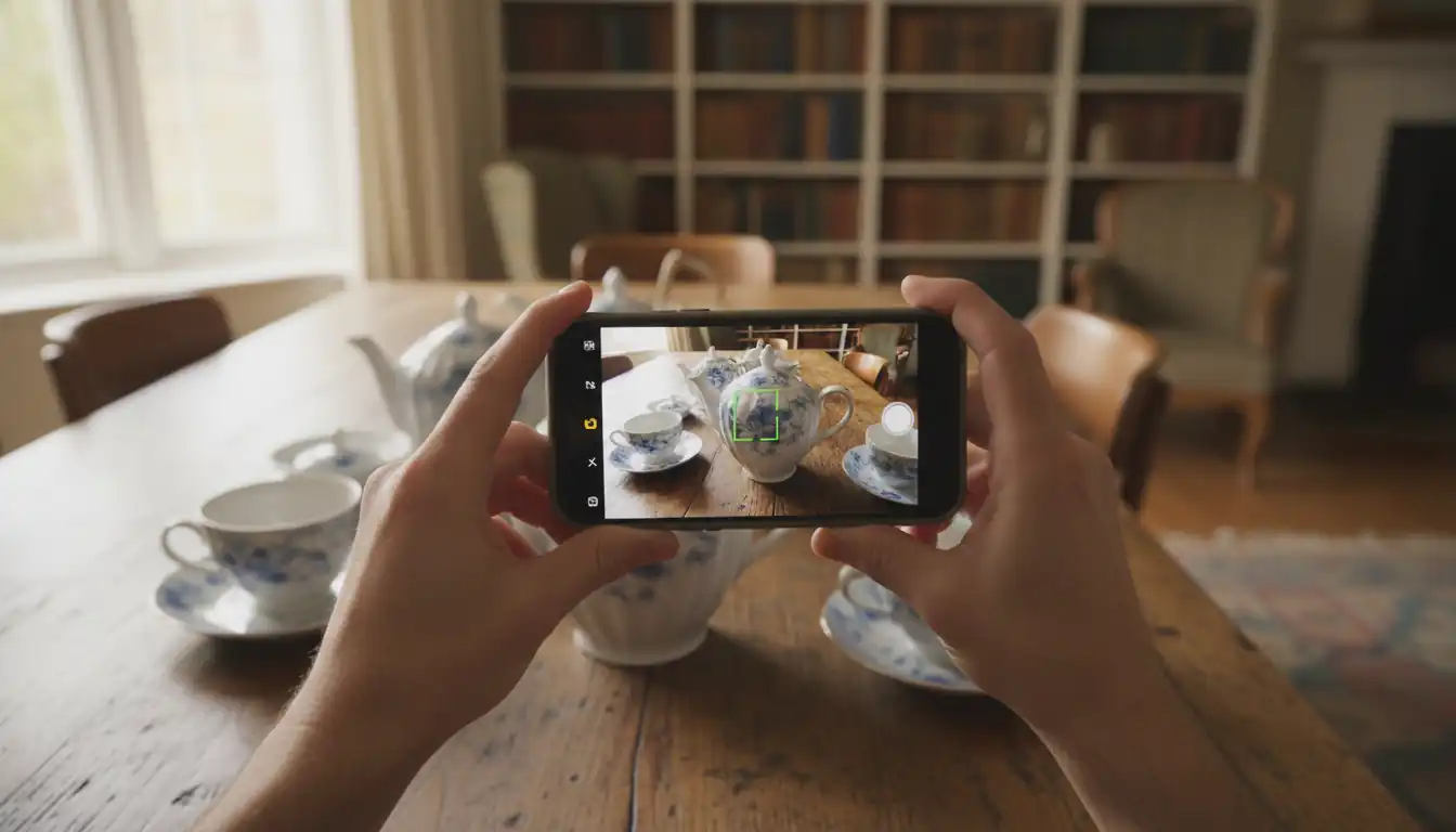 A person using a smartphone to take a photo of a vintage porcelain teapot on a wooden table.