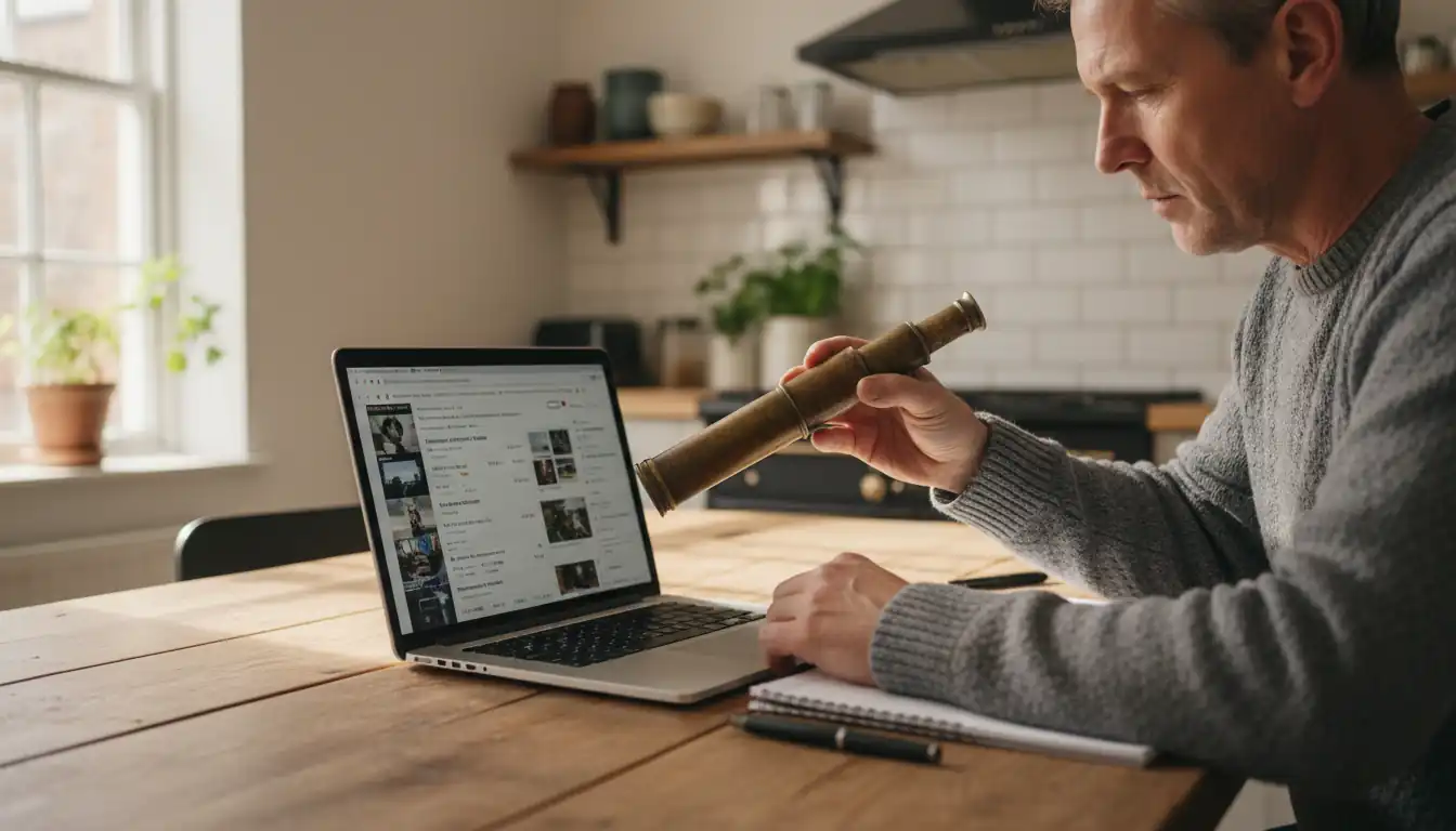 A person at a kitchen table comparing a vintage brass telescope to online auction listings on a laptop.