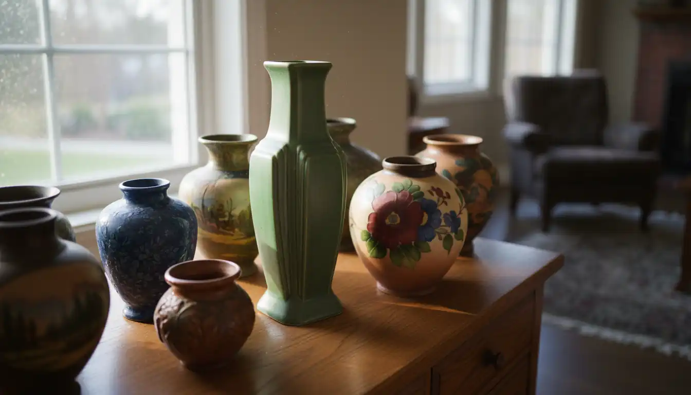 A collection of vintage American art pottery vases on a wooden sideboard in natural window light.