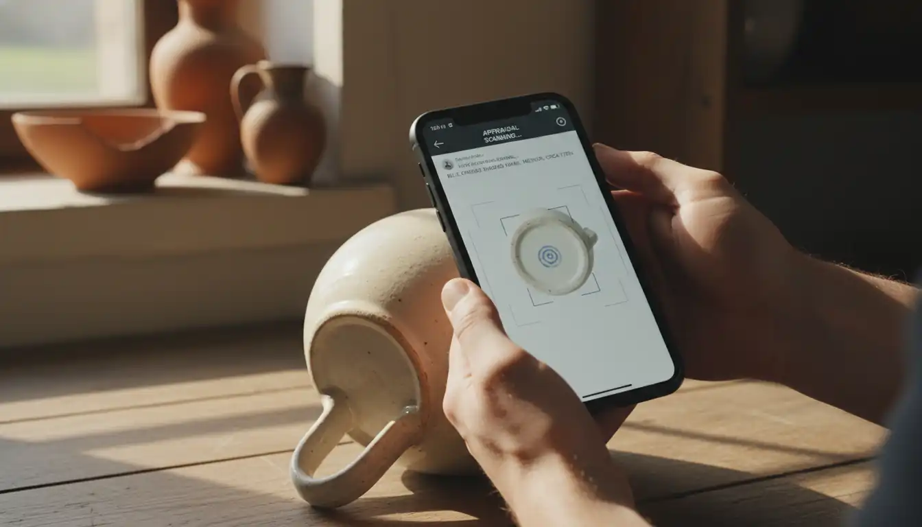 A person using a smartphone app to scan a maker's mark on the bottom of a ceramic pitcher.
