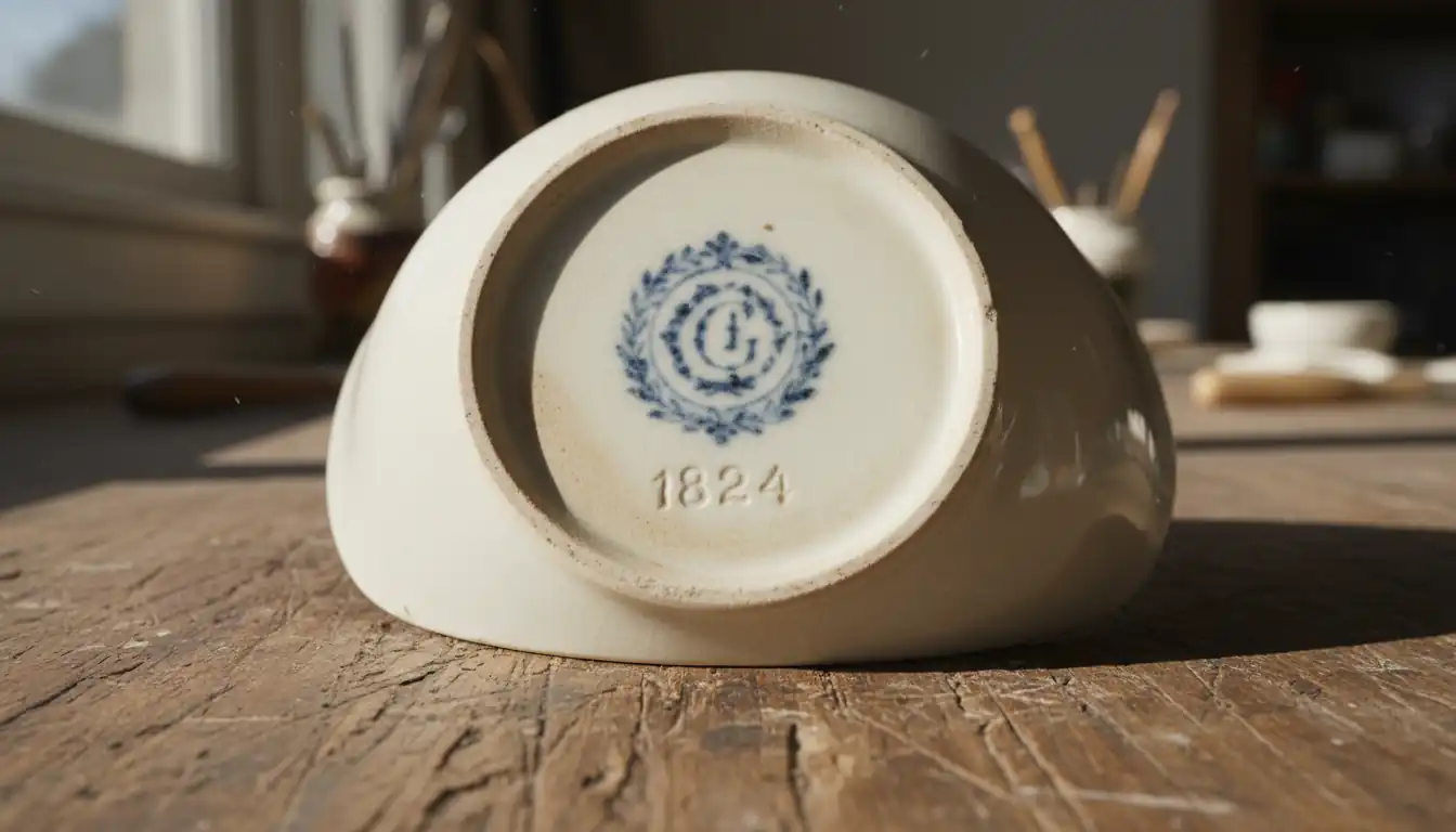 Close-up of a blue maker's mark on the bottom of an antique porcelain bowl.