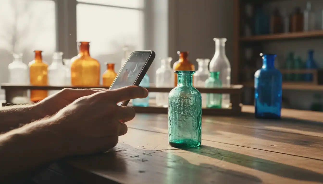 Hands using a smartphone to photograph an antique green glass bottle on a wooden table for a digital catalog.