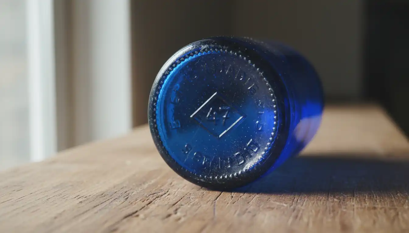 Close-up of an embossed maker's mark on the bottom of an antique blue glass bottle