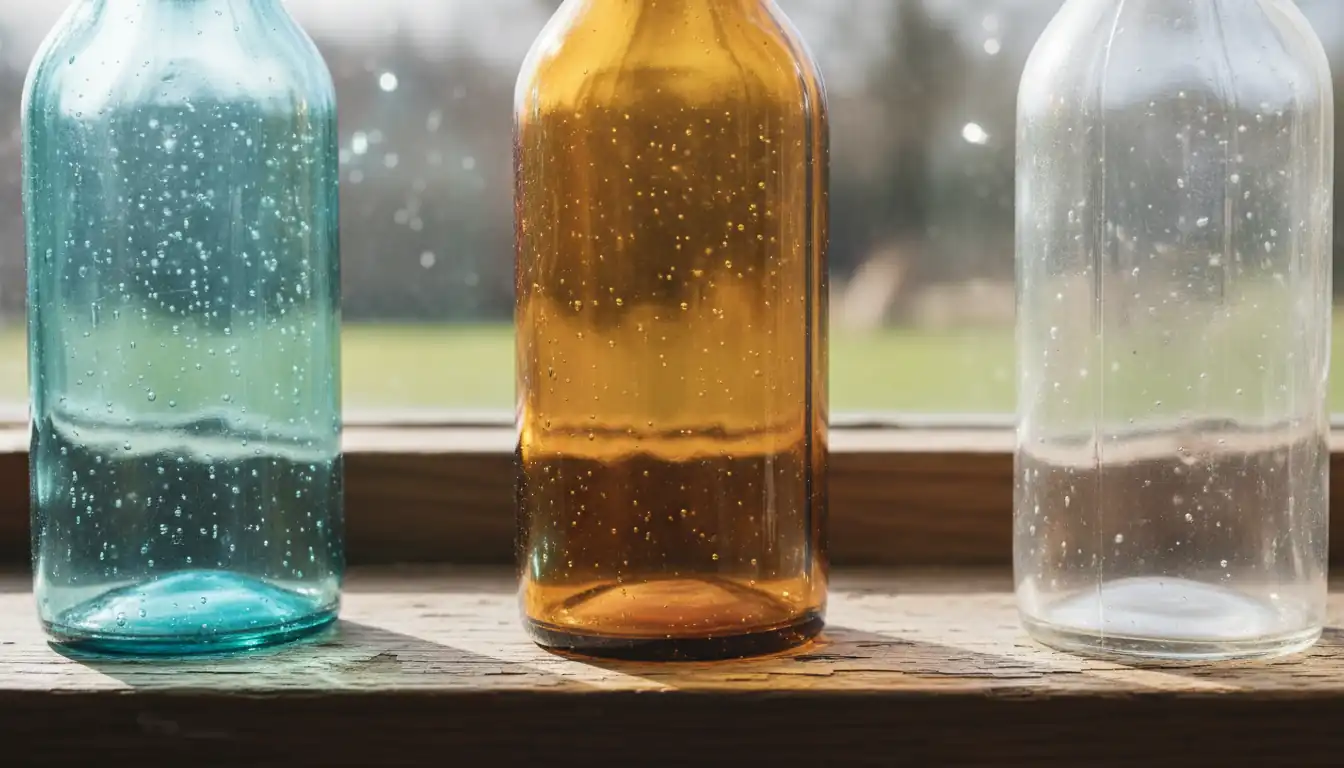 Close-up of antique amber and aqua glass bottles on a wooden windowsill showing air bubbles and textures.