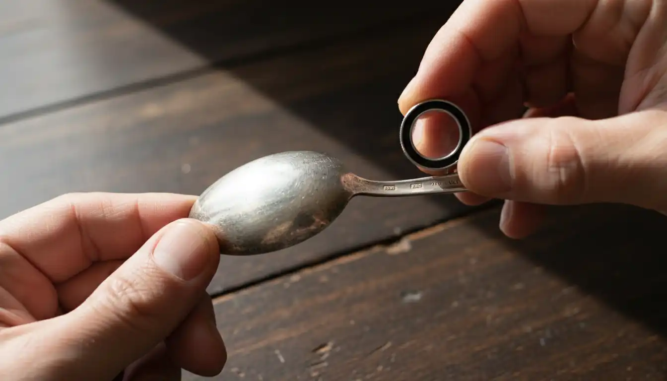 Close-up of hands using a jeweler's loupe to inspect an antique silver spoon on a wooden table.