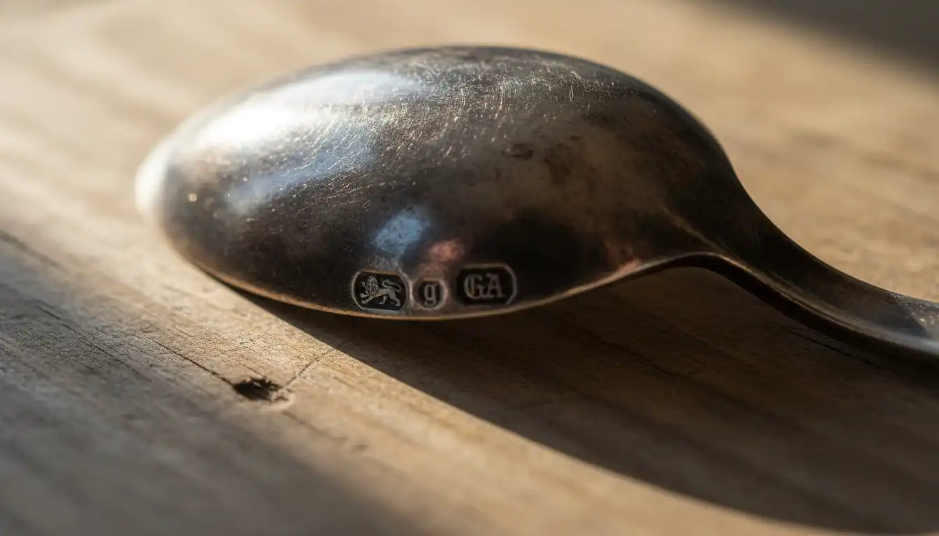 Close-up of antique silver spoon hallmarks on a wooden table under natural light.
