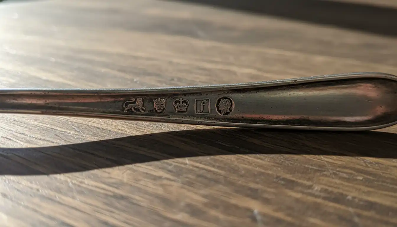 Close-up of four hallmarks stamped on the back of an antique silver spoon handle.