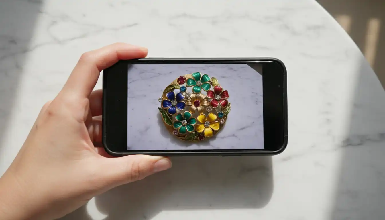 Person using a smartphone to photograph a vintage enamel brooch on a marble surface for digital scanning.