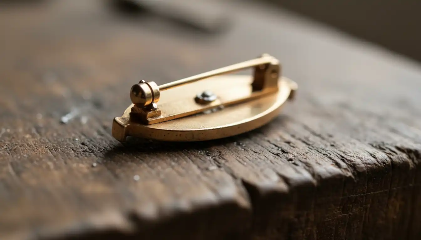 Close-up of the back of a vintage brooch showing the metal clasp and structural hinge details.