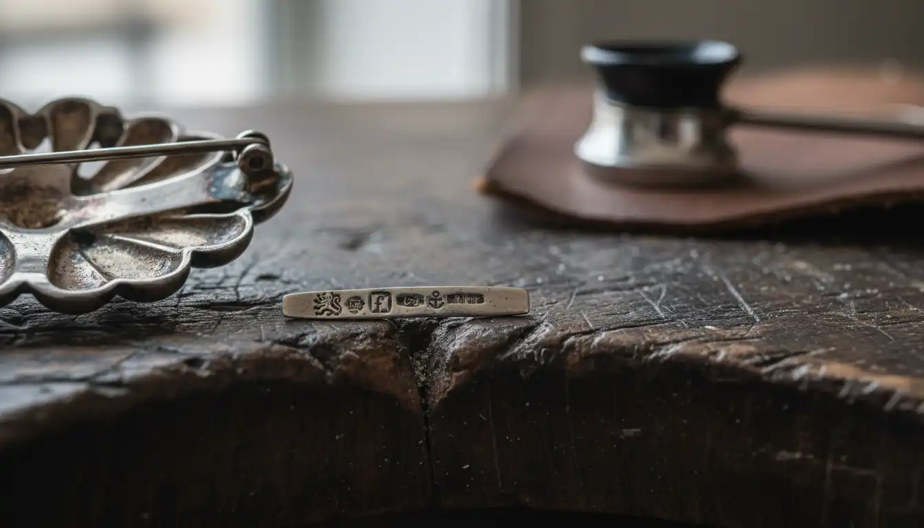 Extreme close-up of vintage jewelry hallmarks stamped on the back of a silver brooch.
