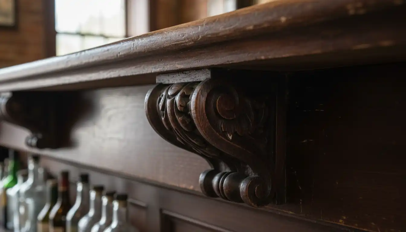 Close-up of a hand-carved Victorian mahogany bar corbel with intricate scrollwork and natural wood grain.