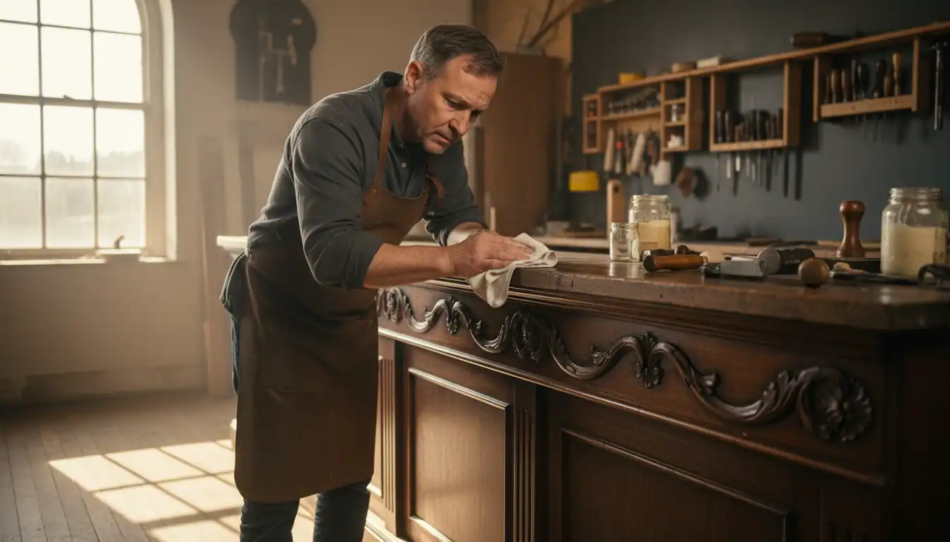 A professional wood restorer polishing a carved Victorian mahogany counter in a bright workshop.