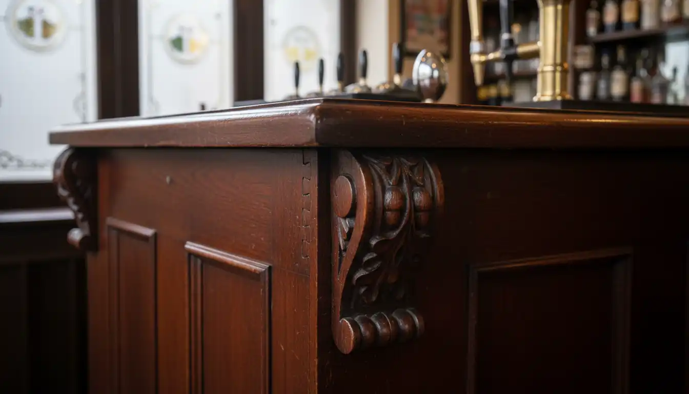Close-up of hand-carved wood details and joinery on an antique Victorian mahogany tavern counter.