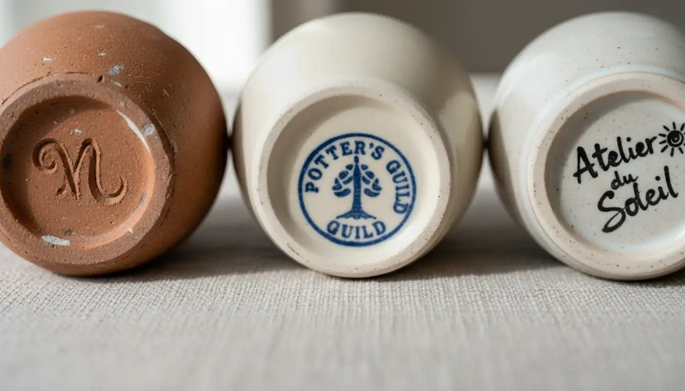 Close-up of three ceramic pottery bases showing different maker's marks on a linen surface.