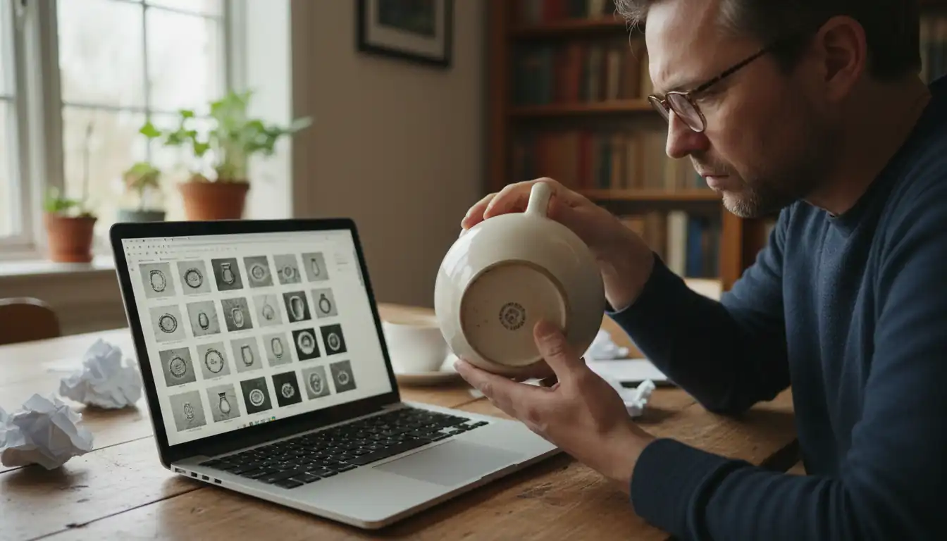 A person squinting at a laptop screen while comparing a ceramic vase's mark to a PDF guide.