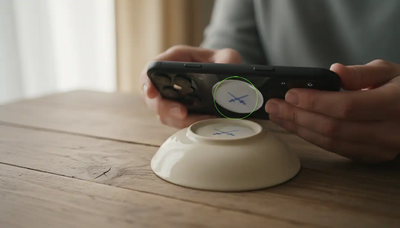 A person using a smartphone to photograph a maker's mark on the bottom of an antique porcelain saucer.