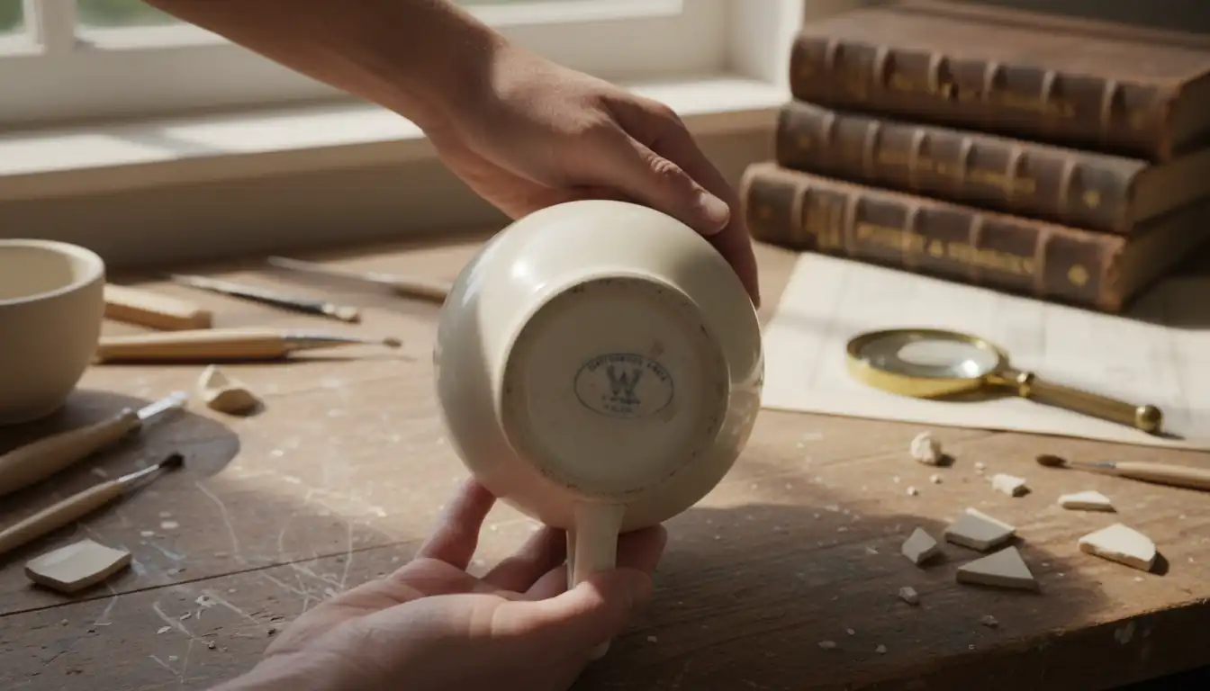 Close-up of hands holding an antique ceramic pitcher to show a maker's mark on the bottom.