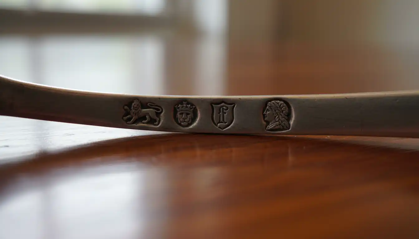 Macro shot of four stamped hallmarks on the back of a vintage sterling silver spoon.
