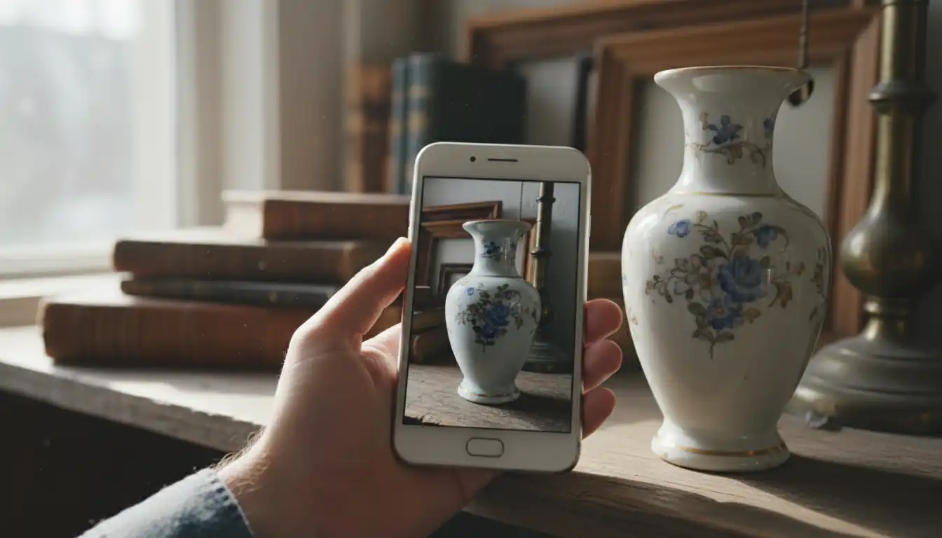 A hand holding a smartphone to identify a vintage porcelain vase on a thrift store shelf.