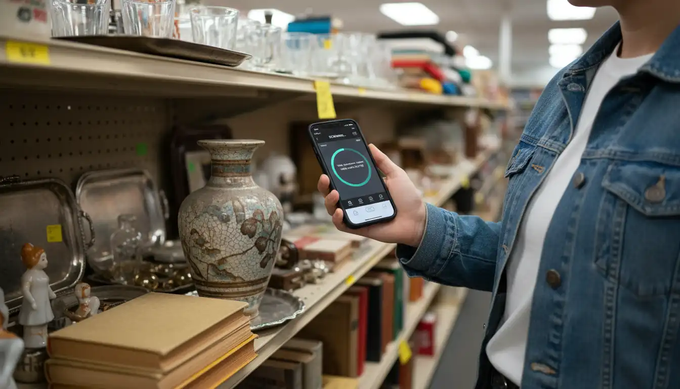 A person using a smartphone to scan a vintage ceramic vase on a crowded thrift store shelf.
