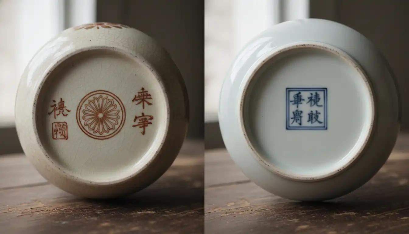 Side-by-side comparison of hand-painted Japanese and Chinese pottery marks on the undersides of antique porcelain vessels.