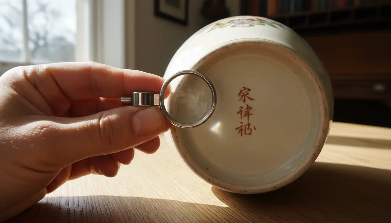 Close-up of a jeweler's loupe examining a hand-painted kanji mark on the base of a Japanese vase.