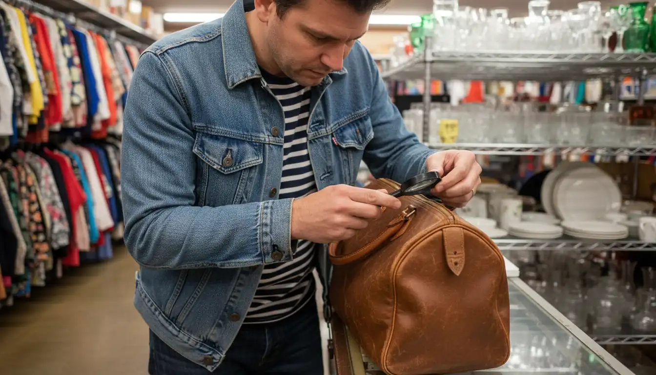 A person inspecting the label of a vintage leather handbag in a thrift store aisle.