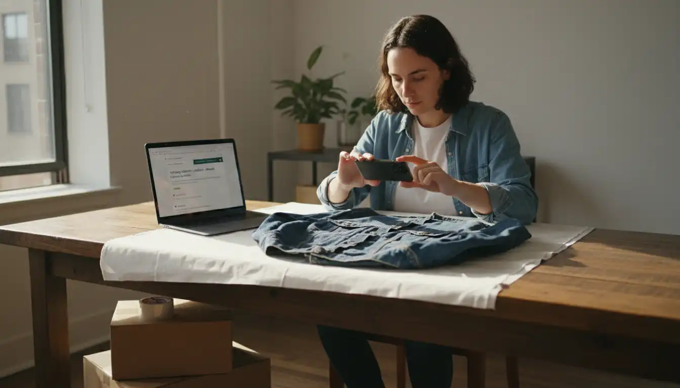 A person using a smartphone to photograph a vintage jacket for an online marketplace listing in a bright room.