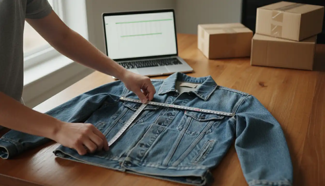 A person measuring a vintage jacket on a desk next to a laptop and shipping boxes.