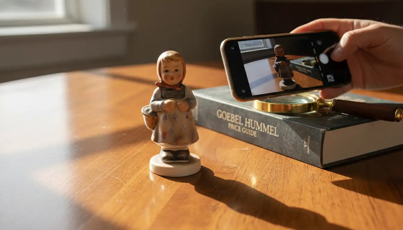 A person using a smartphone camera to identify and appraise a vintage Hummel figurine on a wooden table.