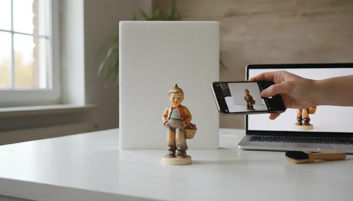 A person using a smartphone to take a professional-quality photo of a Hummel figurine for an online listing.