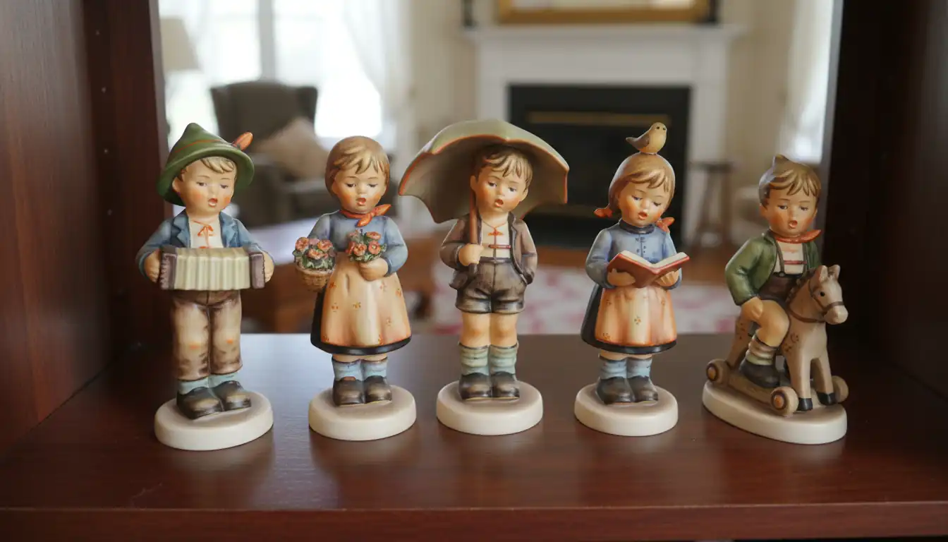 A collection of hand-painted Hummel porcelain figurines displayed on a wooden shelf in a sunlit room.