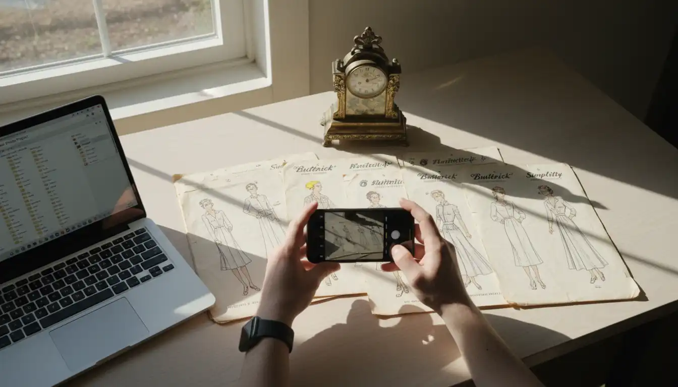 Person using a smartphone to photograph vintage sewing patterns and antiques for a digital archive on a desk.