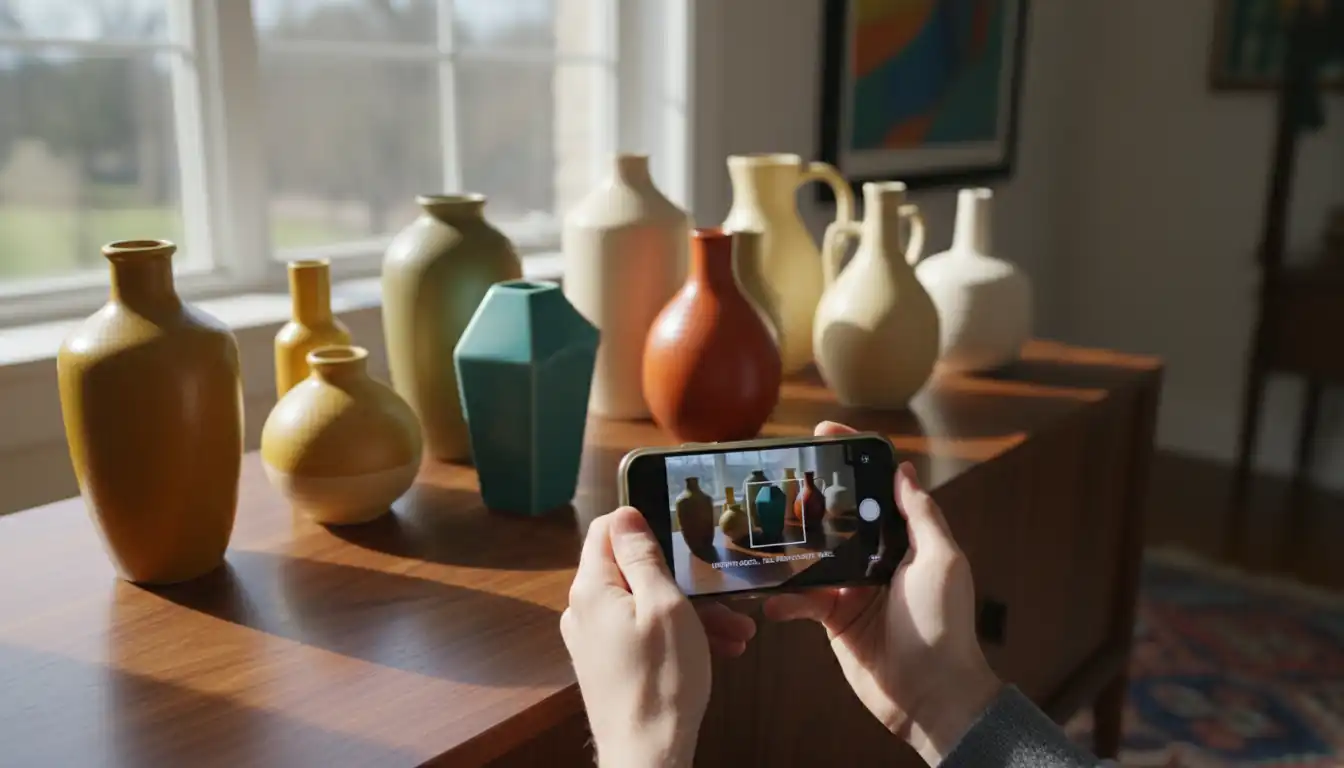Person using a smartphone app to identify a vintage teal ceramic vase on a wooden sideboard.