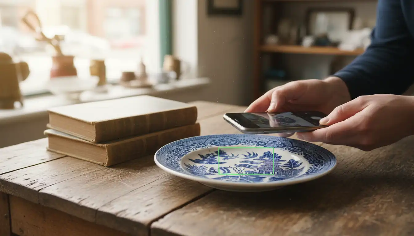A person using a smartphone to identify a blue and white ceramic plate pattern in an antique shop.